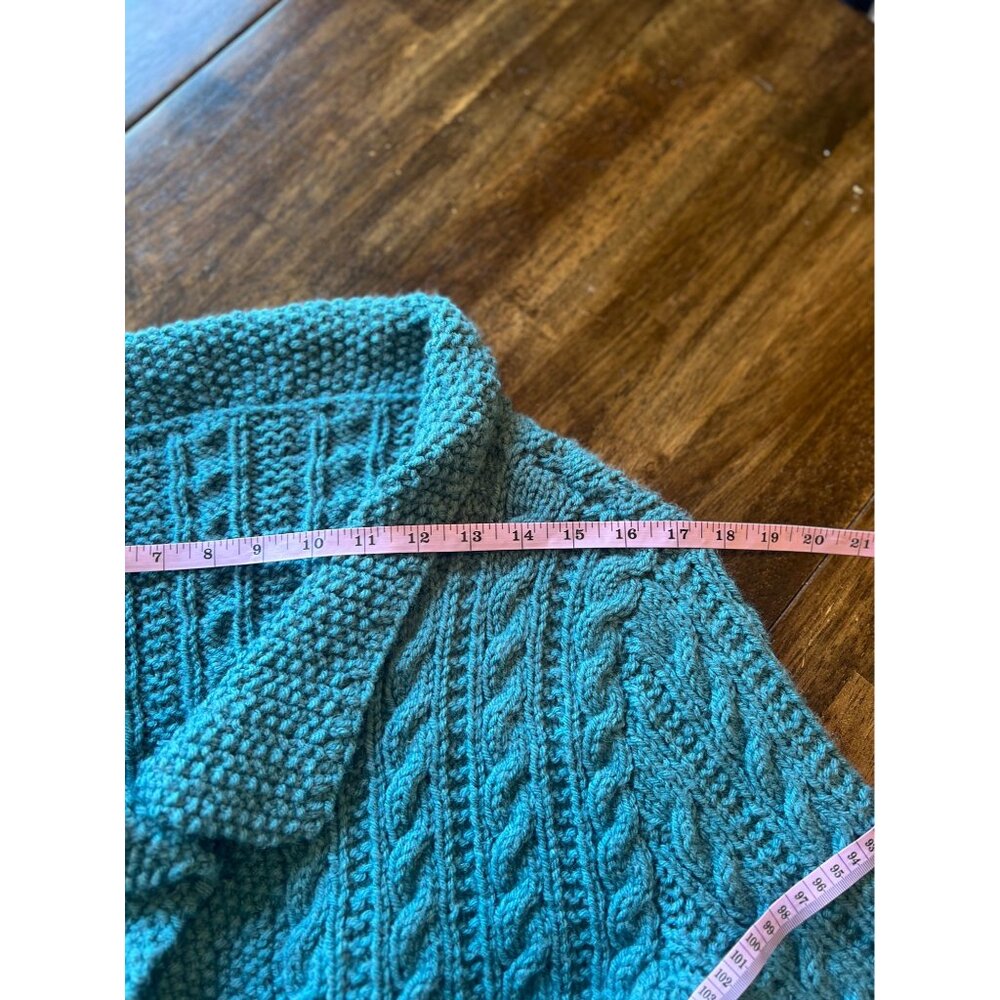 Handmade Blue Cable Knit Bell Sleeve Cardigan Sweater Size Medium - Picture 10 of 10